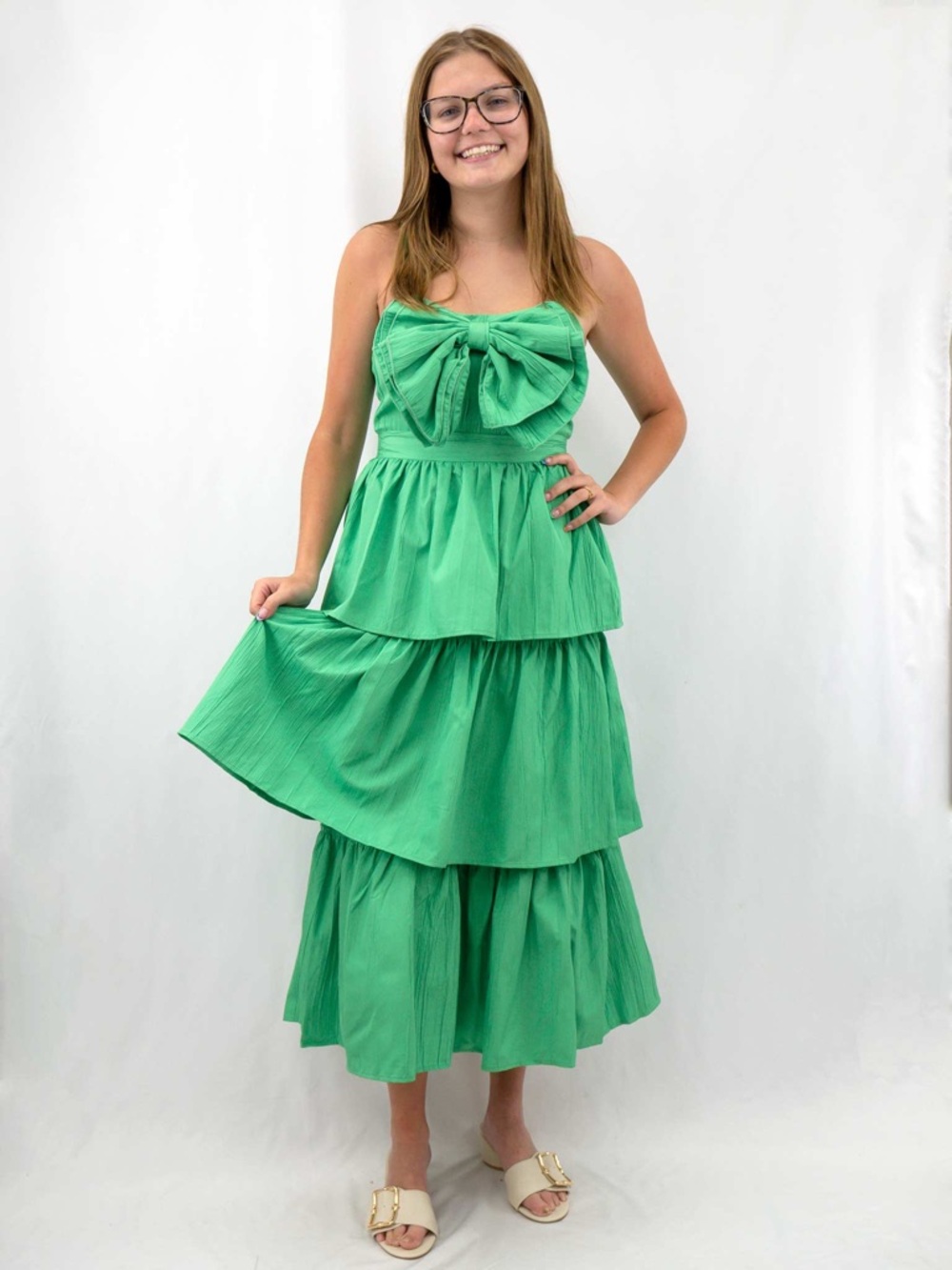 Maxi Dress with Front Bow - Green